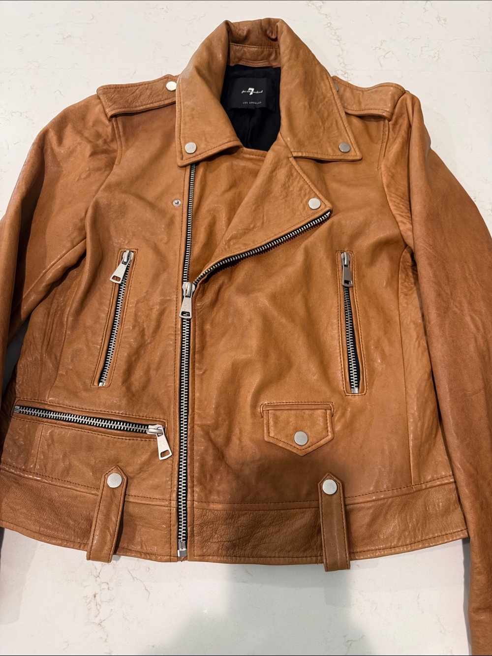 7 For All Mankind Cognac Leather Moto Jacket